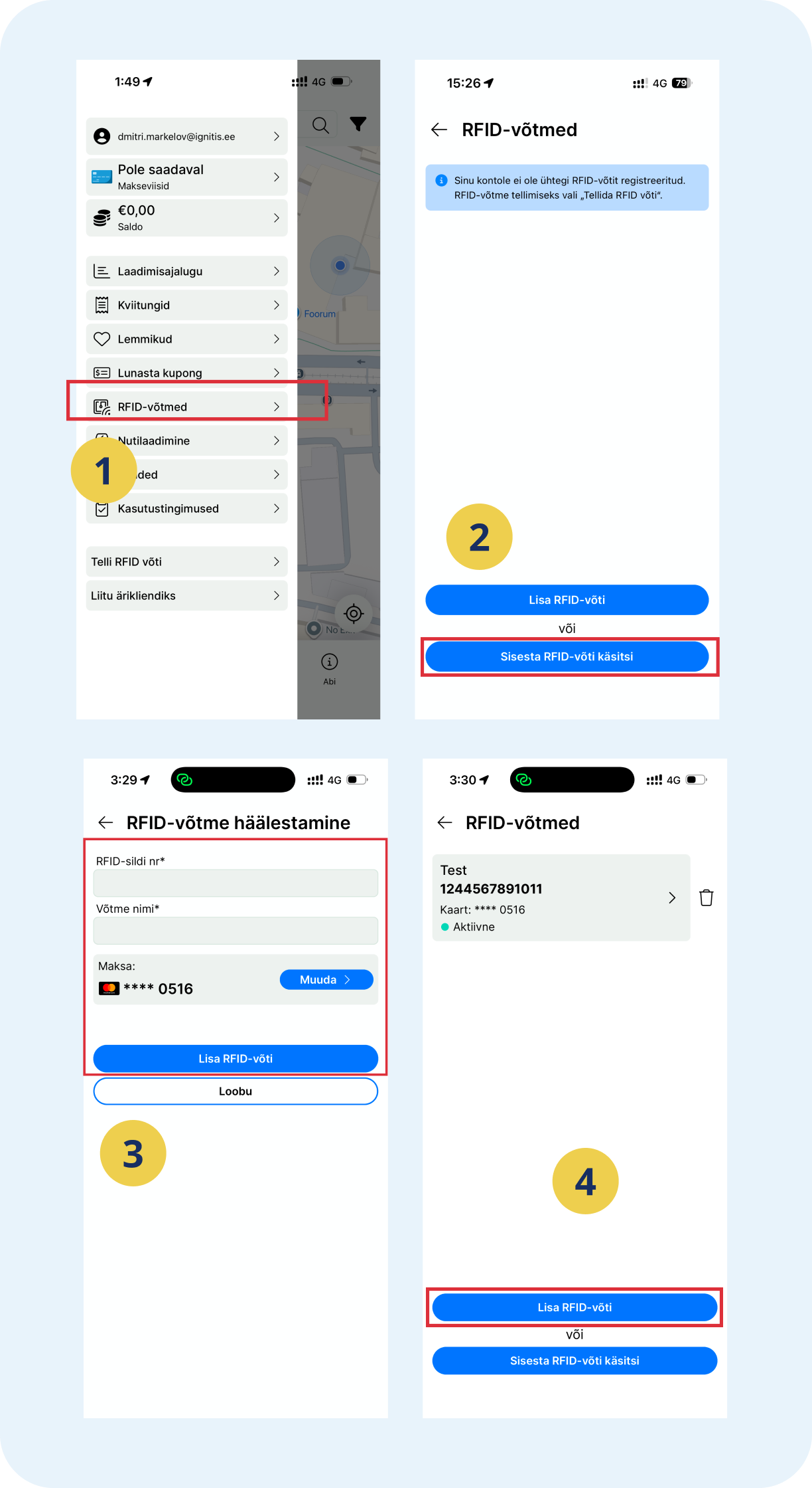RFID-võtme käsitsi aktiveerimise juhend.