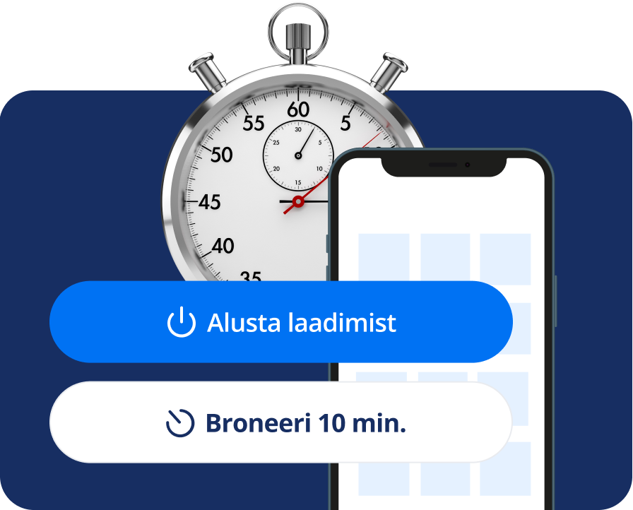 Kollaaž kellast, mobiiltelefonist ja kahest nupust, millel on kirjad „Alusta laadimist“ ja „Broneeri 10 min.“.