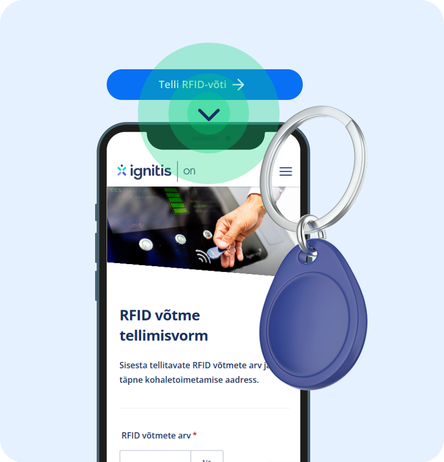 RFID-võti ja mobiiltelefon, mille ekraanil on nähtav RFID-võtmete tellimise vorm, ning mobiiltelefoni kohal nupp „Telli RFID-võti“.