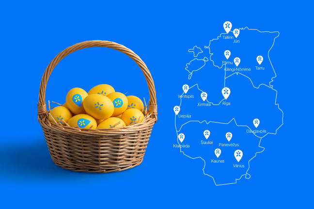 Ignitis ON lihavõttemunad punutud korvis ja Balti riikide kaardid.