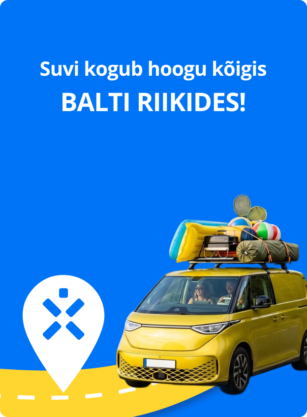 Suvi kogub hoogu kõigis Balti riikides! Mees ja naine reisivad kollase elektriautoga läbi Balti riikide ning nende pagas on paigutatud auto katusele.